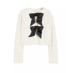 ❤️H&M White Bow Tie-Front Sequin Jacket Cardigan Top With Ribbon Viral New
